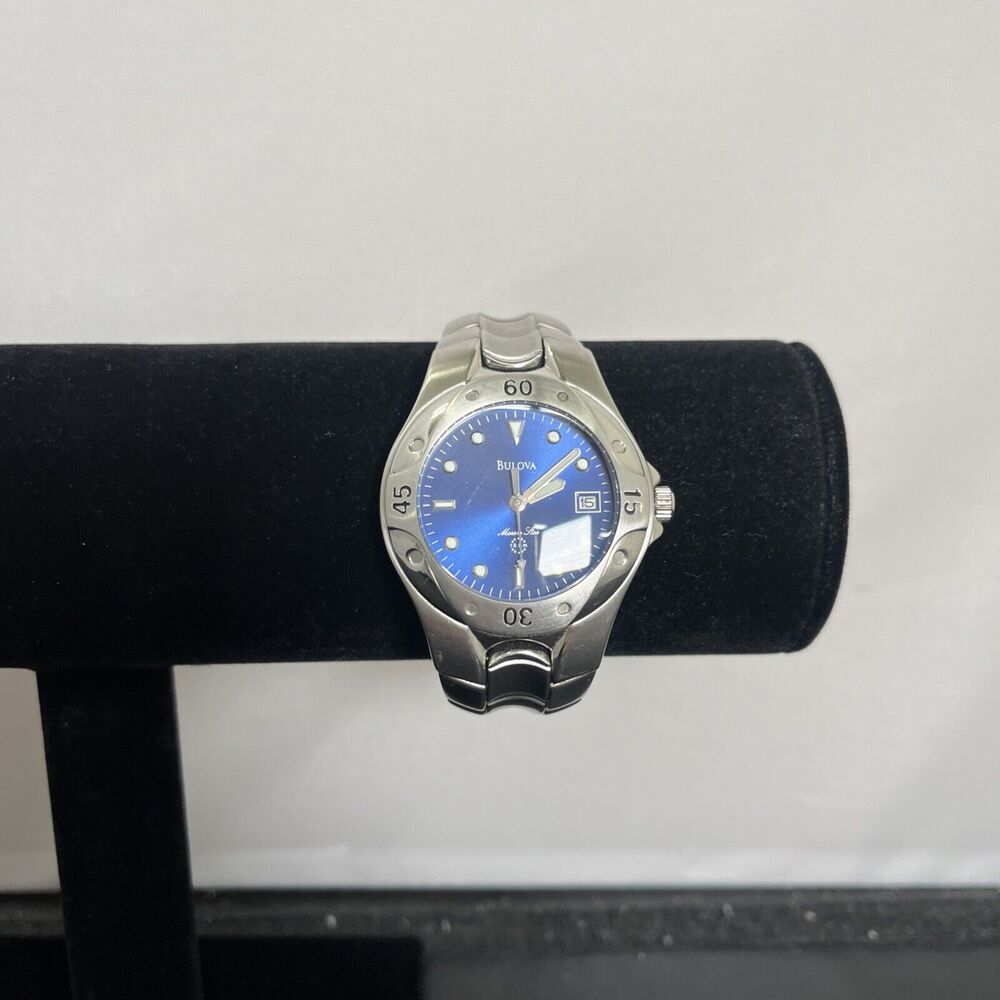 Bulova Men's Marine Star Blue Dial Stainless Steel Watch Good Cond. New Battery